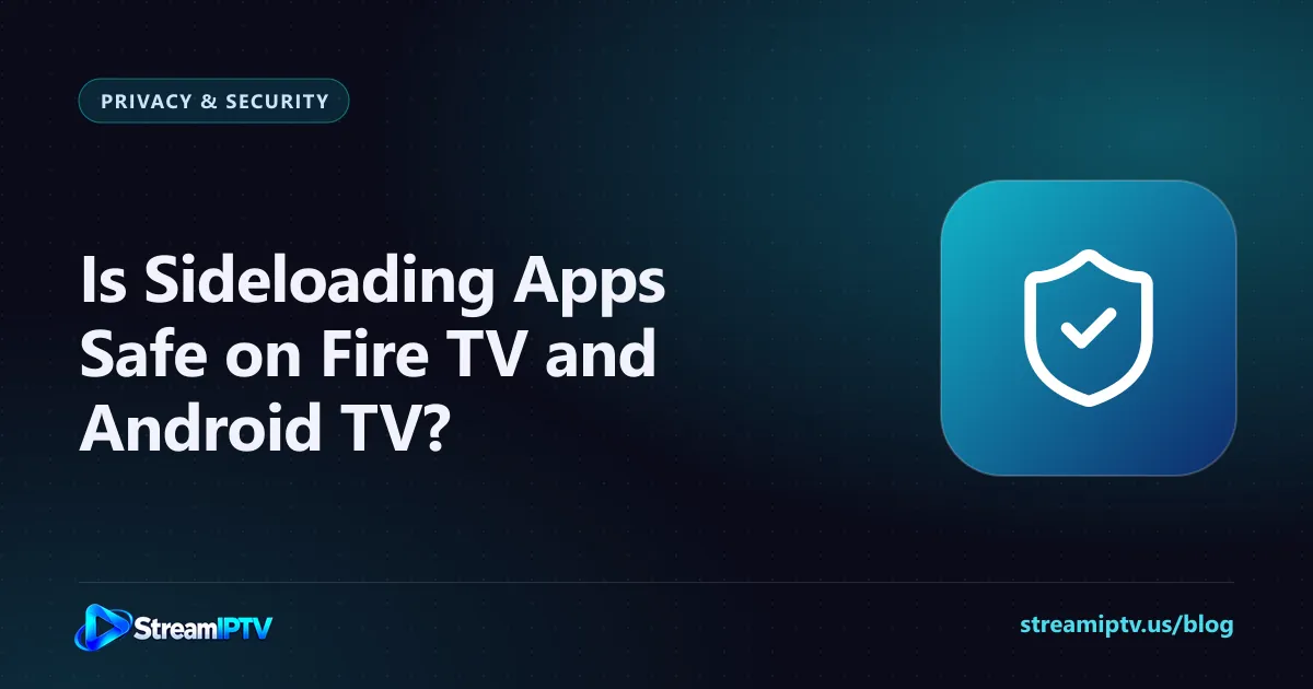 StreamIPTV guide graphic about whether sideloading apps is safe, with a shield icon