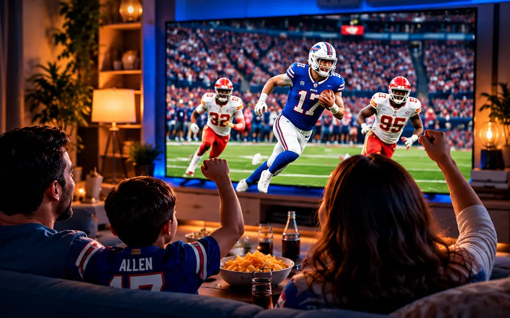 A family cheering on the sofa while watching an American football game on a large TV in their living room